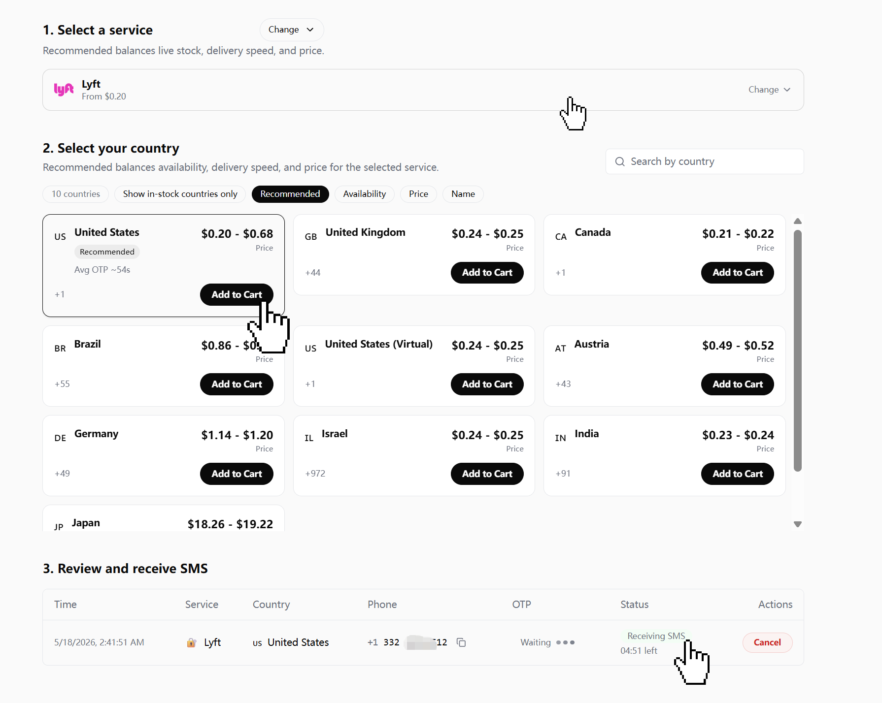 DogeSMS dashboard showing Lyft service with United States and United States (Virtual) options side by side — pick the United States one for Lyft signups